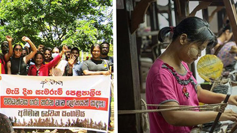 Foto links: leden van de transgenderbond in Sri Lanka en foto rechts: jonge vrouw werkt aan weefgetouw in Myanmar
