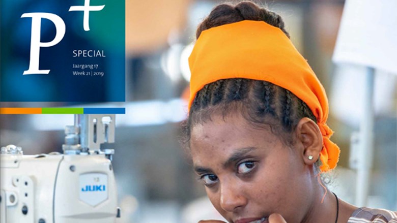 Kledingmaakster in Ethiopië op de cover van P+special over de lobby voor een ILO-conventie voor een veilige werkplek