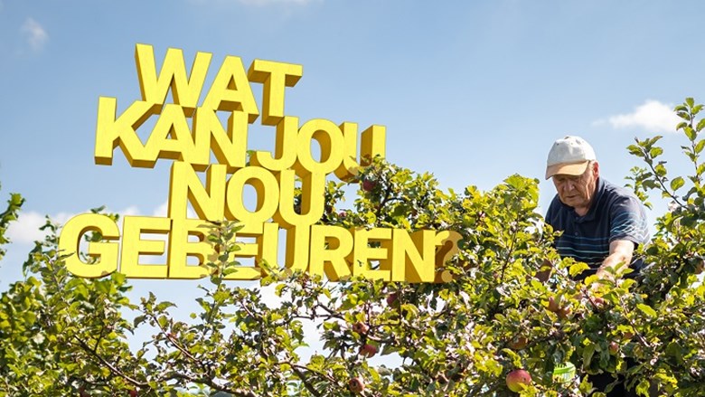 Het logo van de campagene Wat kan jou nou gebeuren, bovenin een appelboom