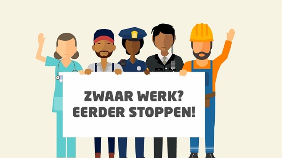 Cartoon. Vijf mensen houden een bord vast met 'Zwaar werk? Eerder stoppen!'